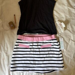 Frankie's Bikinis Black & White Striped Mini Skirt with Pink Trim